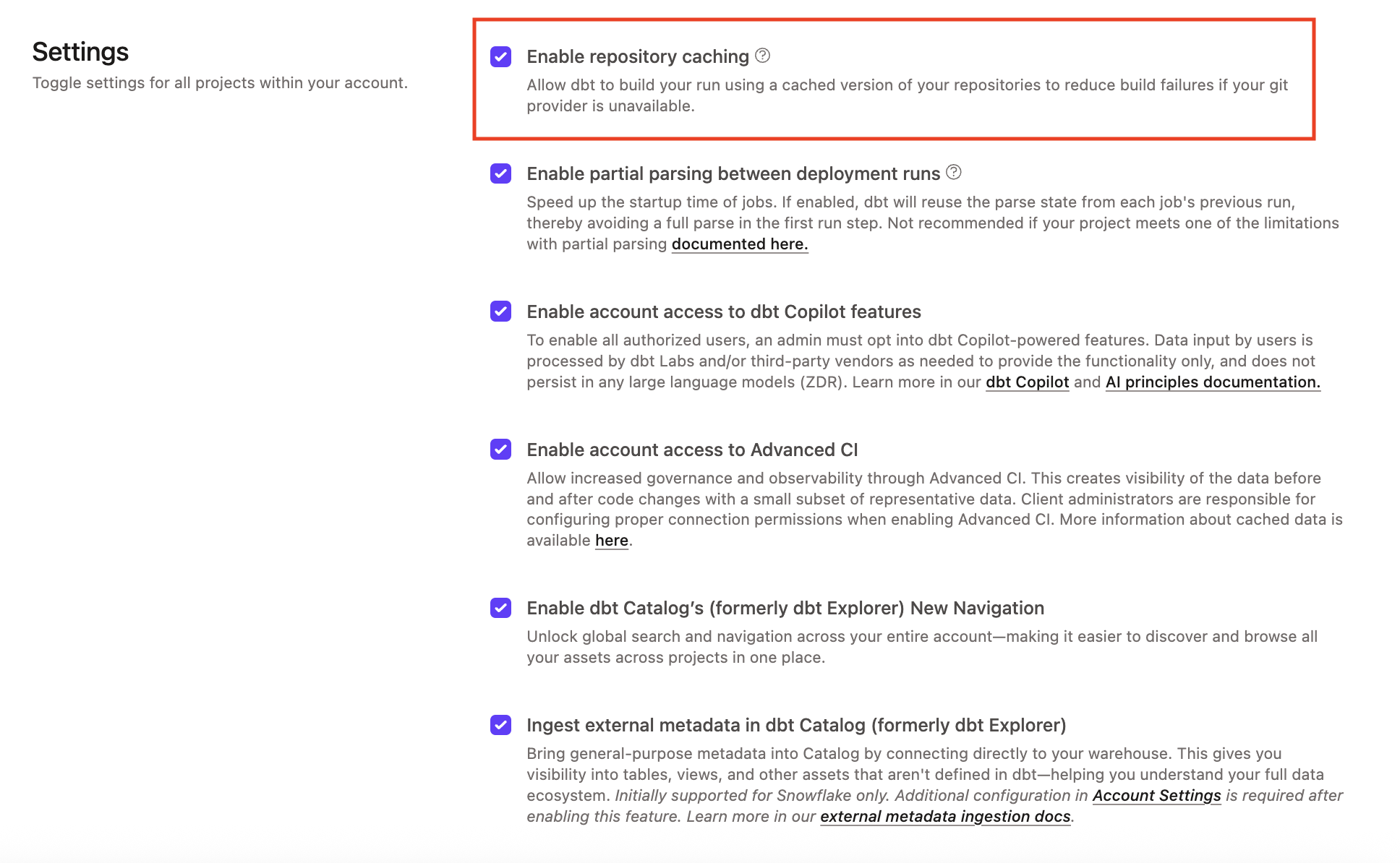 Example of the Enable repository caching option Example of the Enable repository caching option